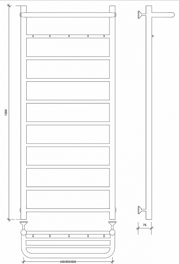Полотенцесушитель водяной Secado Триада 1 КСП, 120x50, черный матовый, нижнее подключение, 4673739228906