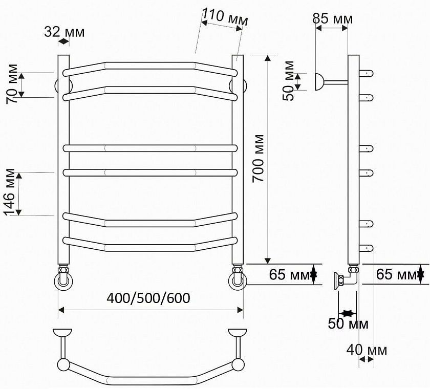 Полотенцесушитель водяной Secado Агата 4 50x70, бронза, бронза, 4603777476649, нижнее подключение