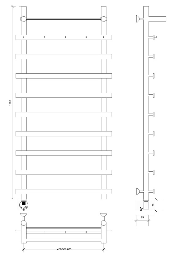 Полотенцесушитель электрический Secado Понтида 1 КСП 120x50, графит, 4673739279762, подключение слева