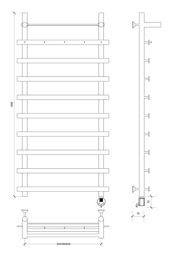 Полотенцесушитель электрический Secado Понтида 1 КСП 120x50, графит, 4673739279762, подключение слева