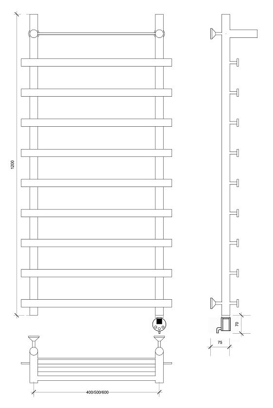 Полотенцесушитель электрический Secado Понтида 1 СП 120x50, графит, 4673739280126, подключение слева