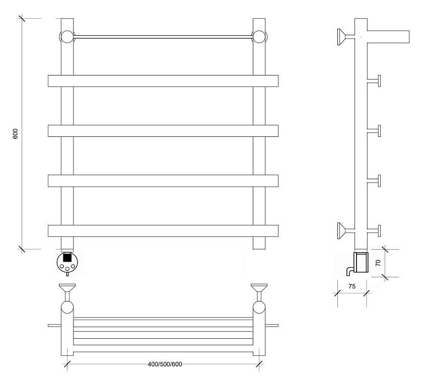Полотенцесушитель электрический Secado Понтида 1 СП 60x60, графит, 4673739280249, подключение слева