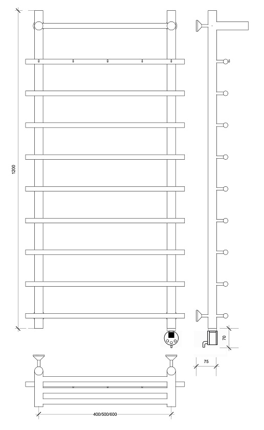 Полотенцесушитель электрический Secado Турин 1 КСП 120x40, графит, 4673739289280, подключение слева