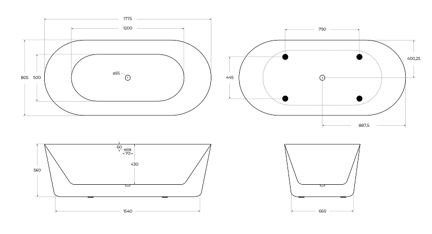 Ванна BelBagno, 177,5x80,5, BB306-1775