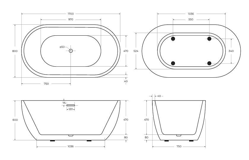 Ванна BelBagno, 170x80, белый, BB70-1700-800