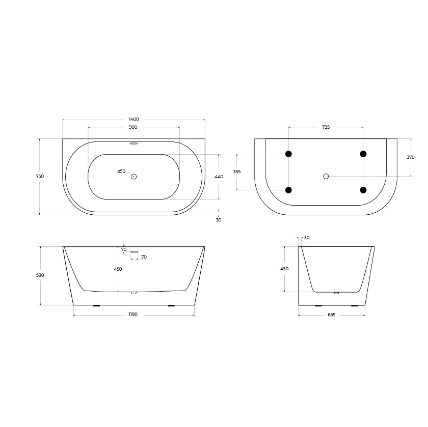 Ванна BelBagno, 140x75, BB710-1400-750