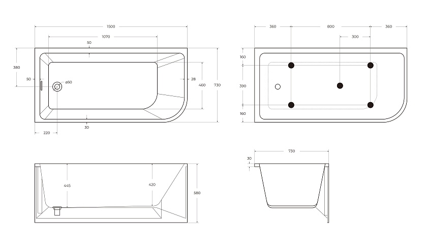 Ванна BelBagno, 150x73, L, BB712-1500-730-L