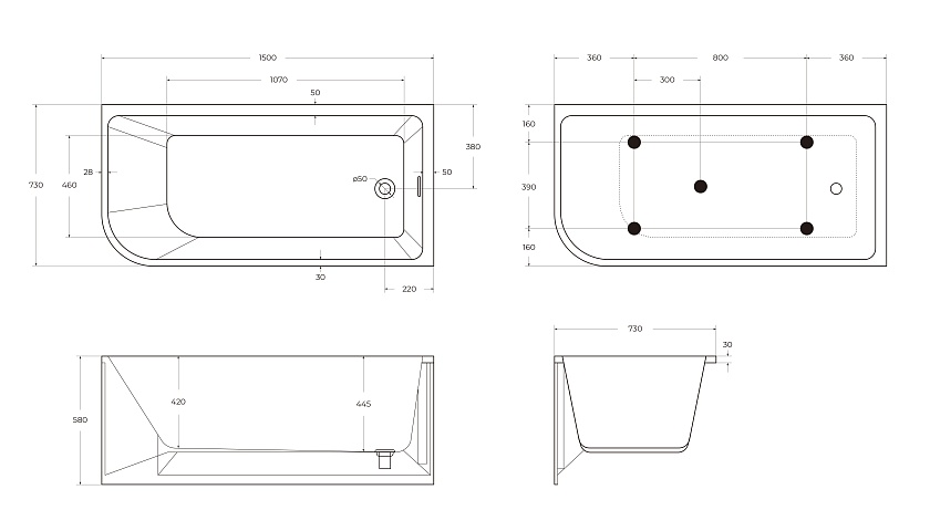 Ванна BelBagno, 150x73, R, BB712-1500-730-R