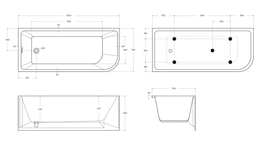 Ванна BelBagno, 170x73, L, BB712-1700-730-L