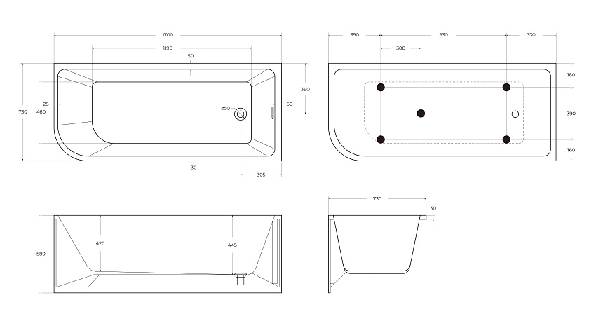 Ванна BelBagno, 170x73, R, BB712-1700-730-R