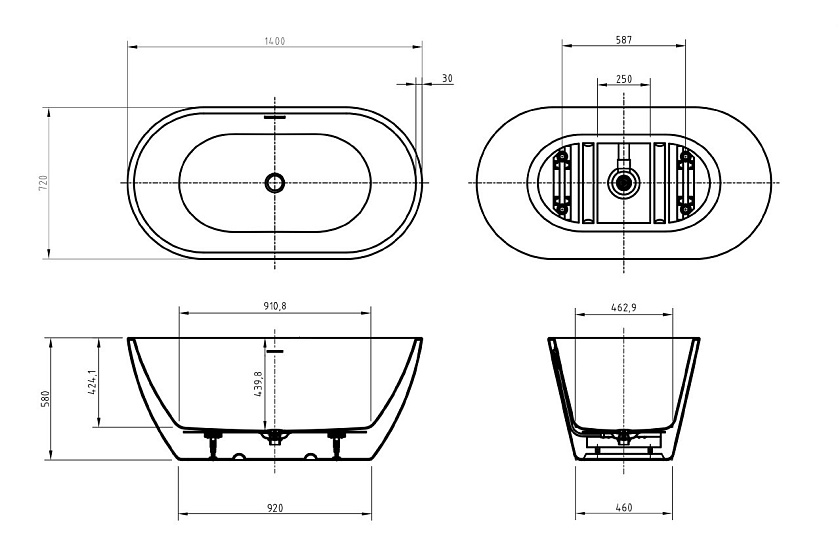 Ванна BelBagno, 140x72, BB701-1400-720-K
