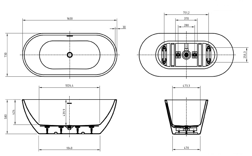 Ванна BelBagno, 160x73, BB701-1600-730-K