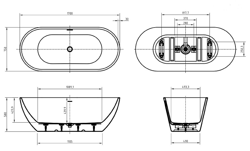 Ванна BelBagno, 170x75, BB701-1700-750-K