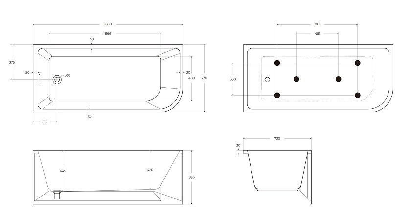 Ванна BelBagno, 160x73, L, BB712-1600-730-L