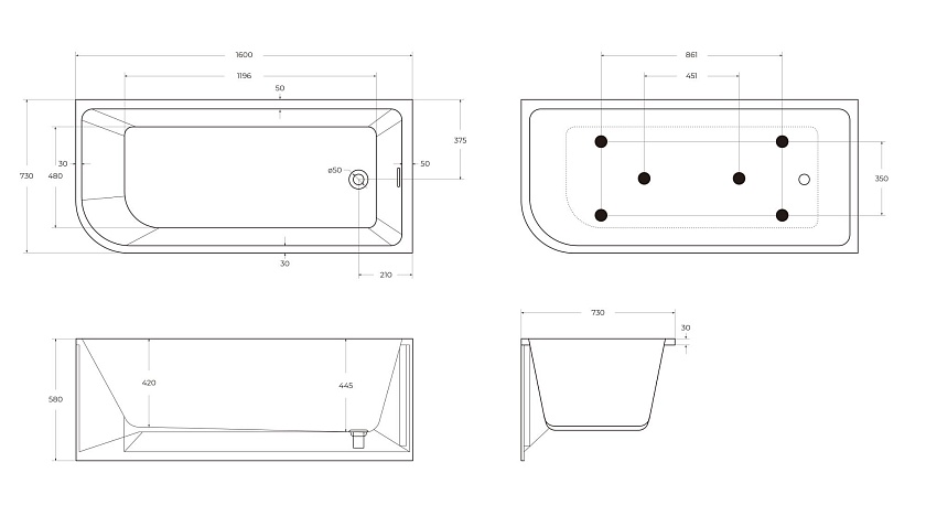 Ванна BelBagno, 160x73, R, BB712-1600-730-R
