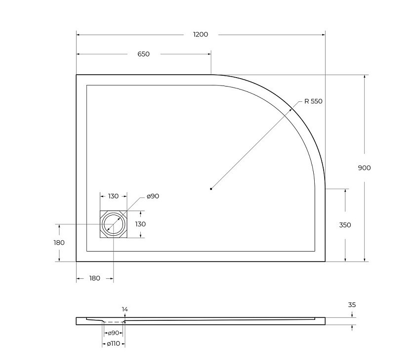 Душевой поддон BelBagno UNO, 120x90, R, TRAY-MR-UNO-RH-120/90-550-35-W-R-CR