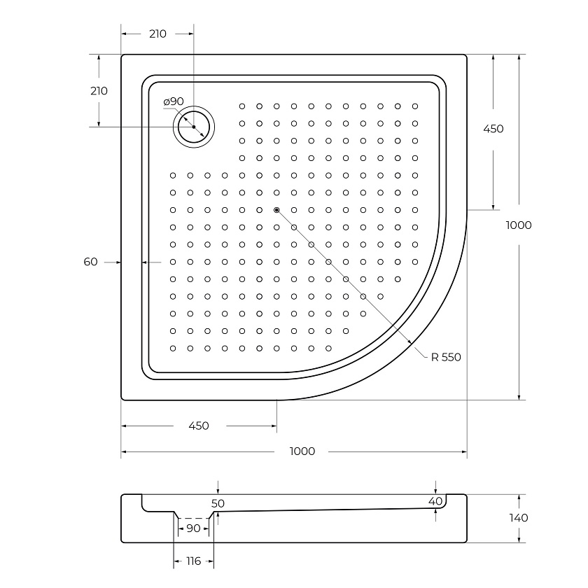 Душевой поддон Cezares TRAY-A-R, 100x100, TRAY-A-R-100-550-15-W0