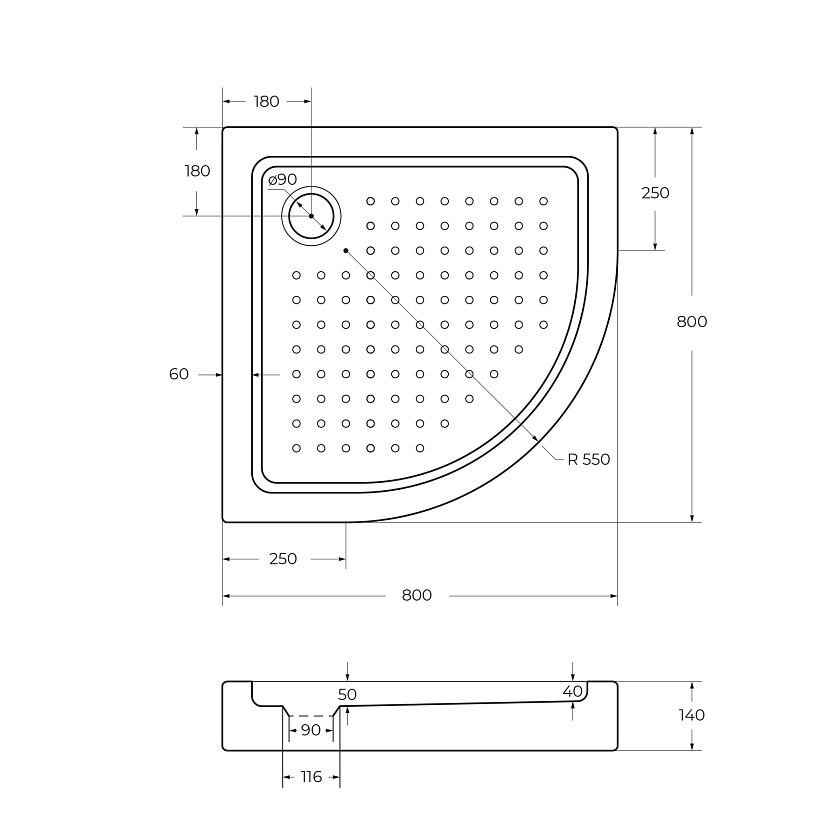 Душевой поддон Cezares TRAY-A-R, 80x80, TRAY-A-R-80-550-15-W