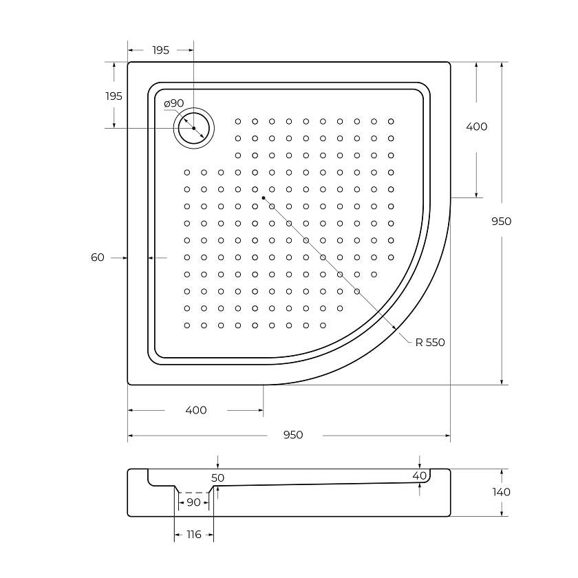 Душевой поддон Cezares TRAY-A-R, 95x95, TRAY-A-R-95-550-15-W