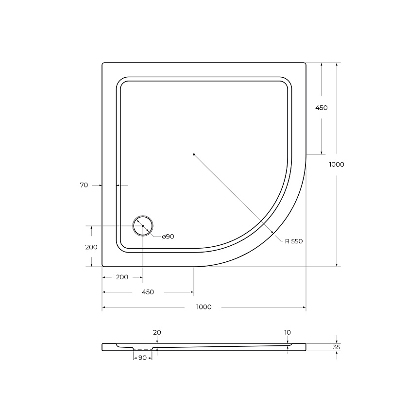 Душевой поддон Cezares TRAY-M-R, 100x100, TRAY-M-R-100-550-35-W