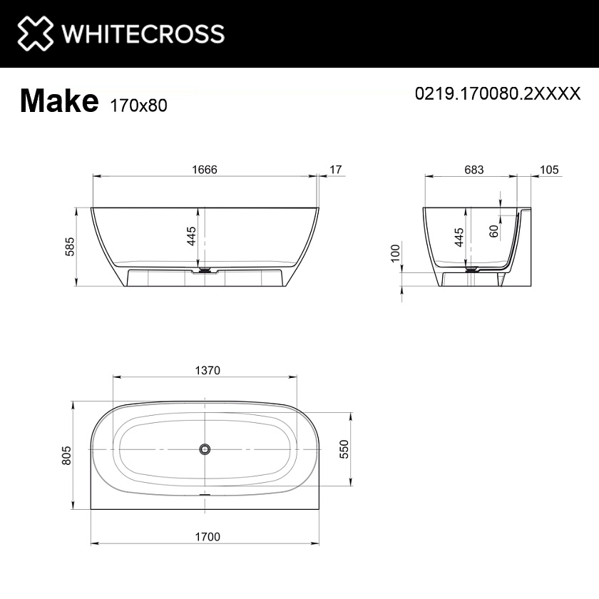Ванна WHITECROSS Make 170x80.5 0219.170080.2XXXX, ral матовый