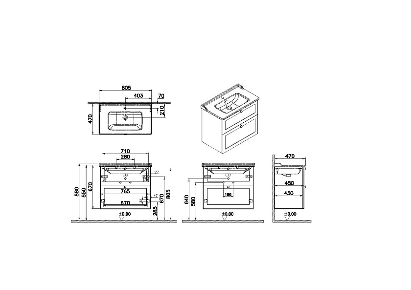 Тумба с раковиной Vitra Root Classic 68869, 76, белый матовый