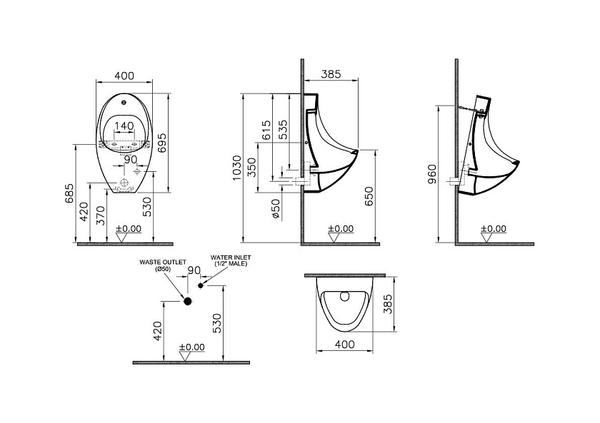 Писсуар Vitra Arkitekt сенсорный подвод воды сверху, белый 4106B003-5598