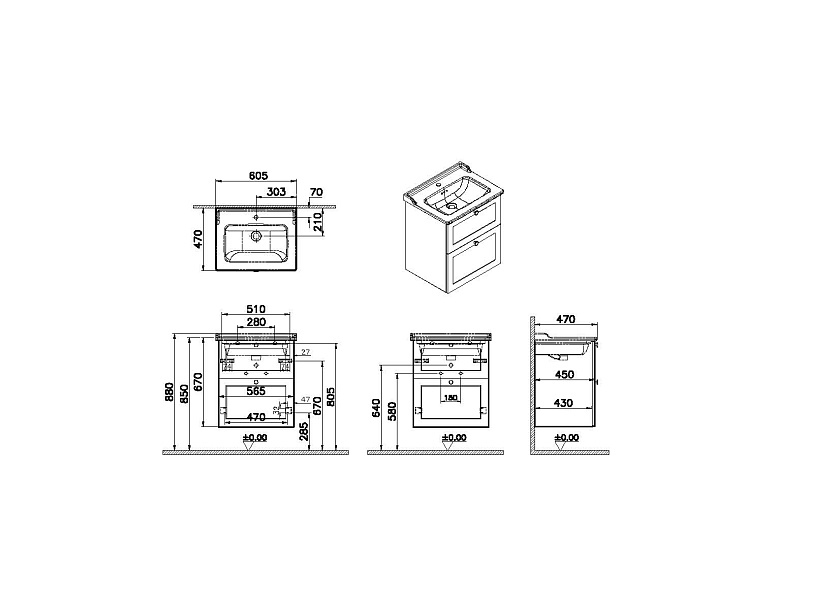 Тумба с раковиной Vitra Root Classic 68848, 56, белый матовый