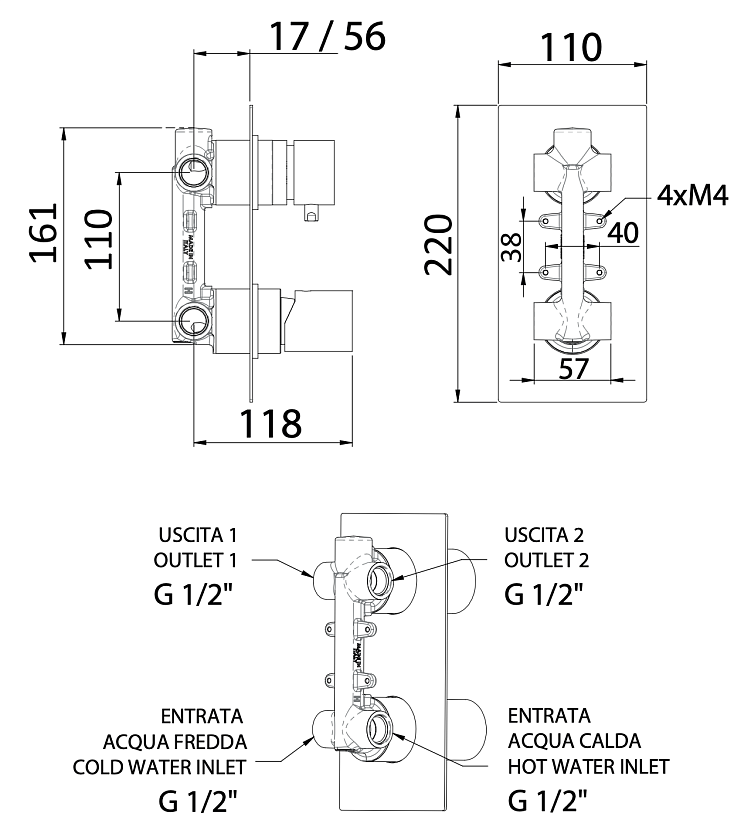 Встраиваемый смеситель для душа Remer Rubinetterie Edge EG592BG, золото брашированное