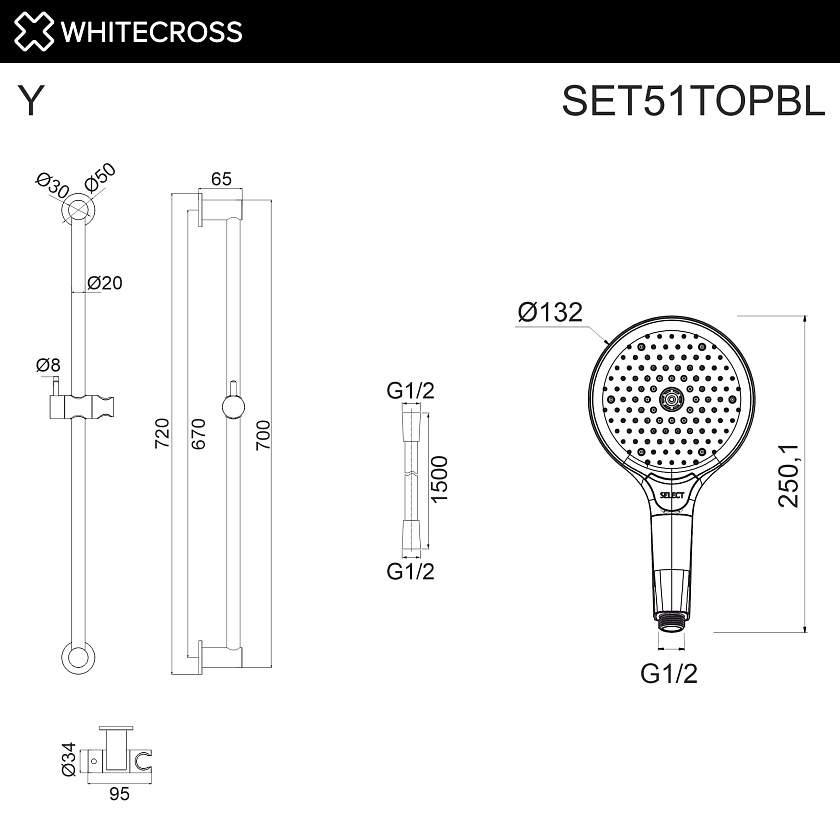Душевой гарнитур WHITECROSS, черный матовый, SET51TOPBL