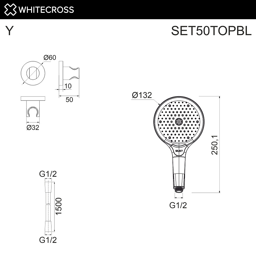 Душевой гарнитур WHITECROSS, черный матовый, SET50TOPBL