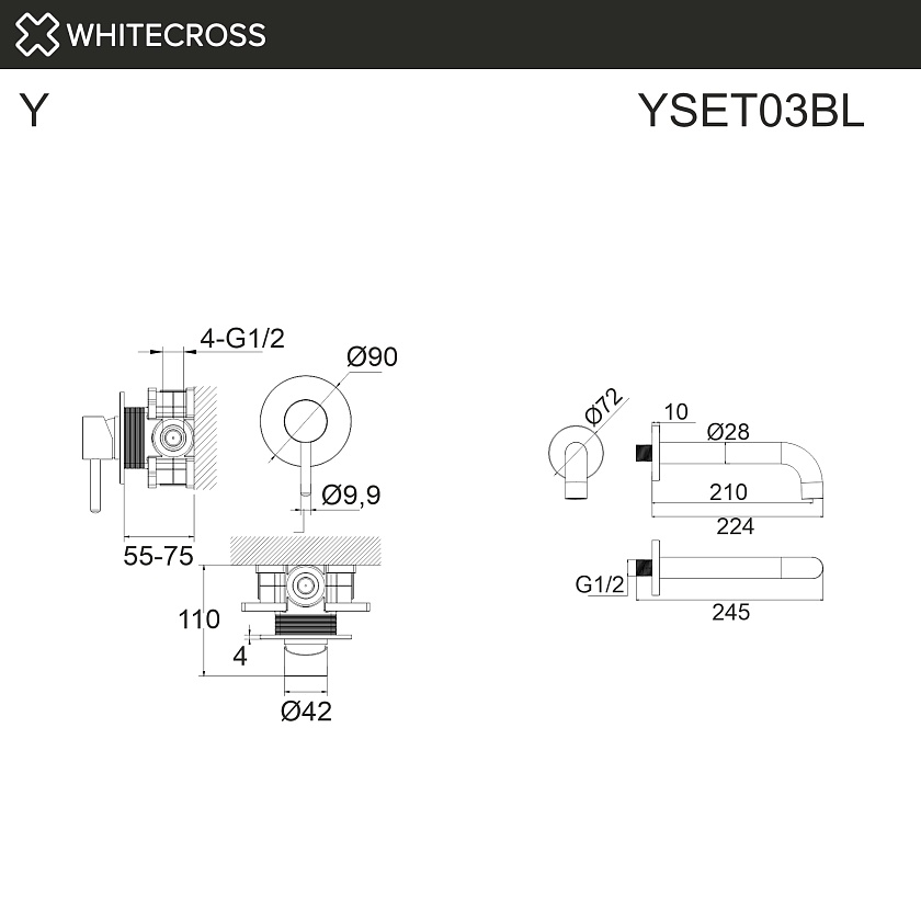 Встраиваемый смеситель для ванны WHITECROSS Y, черный матовый, YSET03BL