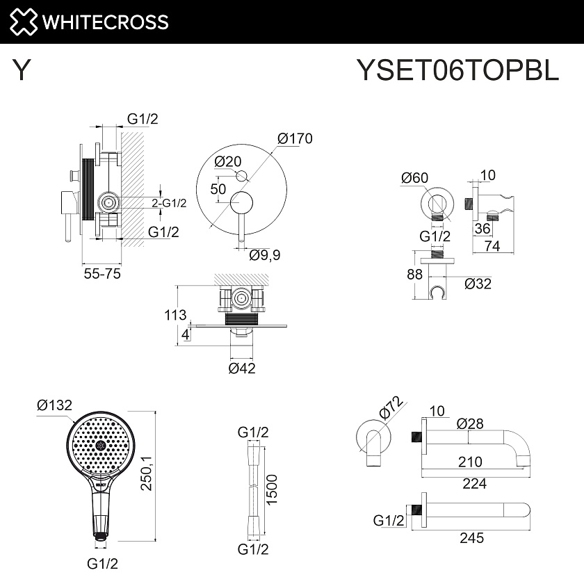 Встраиваемый смеситель для ванны WHITECROSS Y, черный матовый, YSET06TOPBL