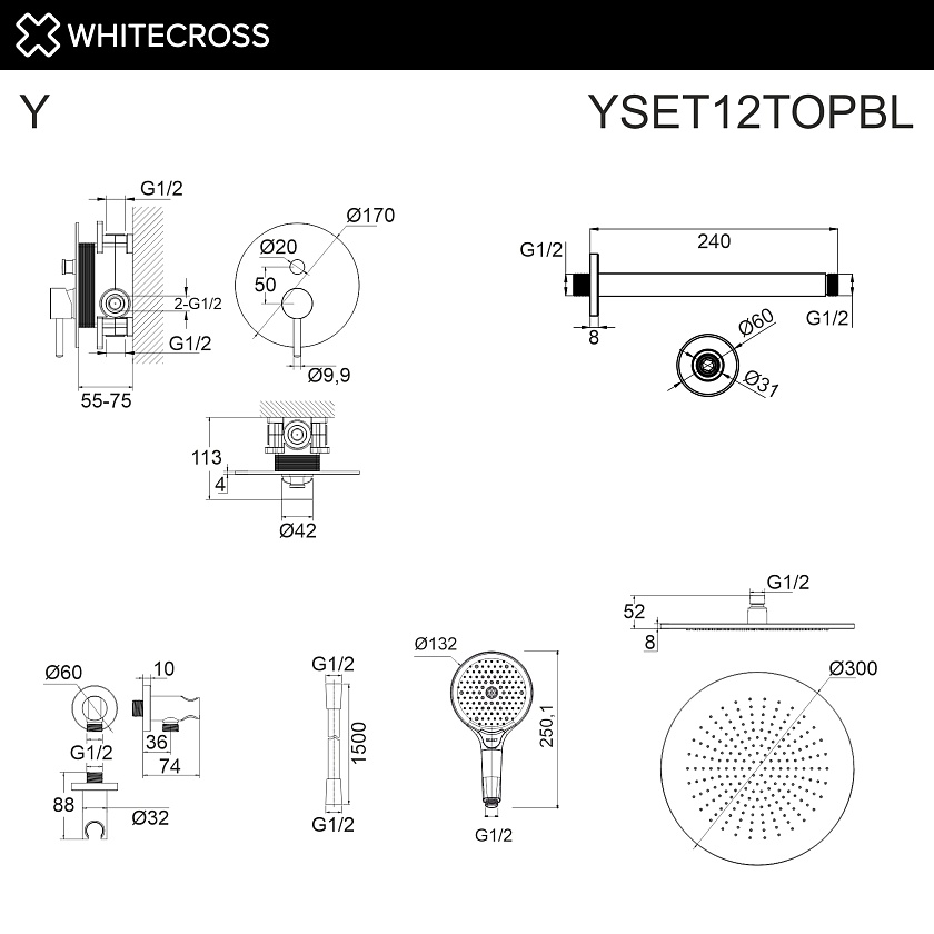 Душевая система WHITECROSS Y встраиваемая, черный матовый, YSET12TOPBL