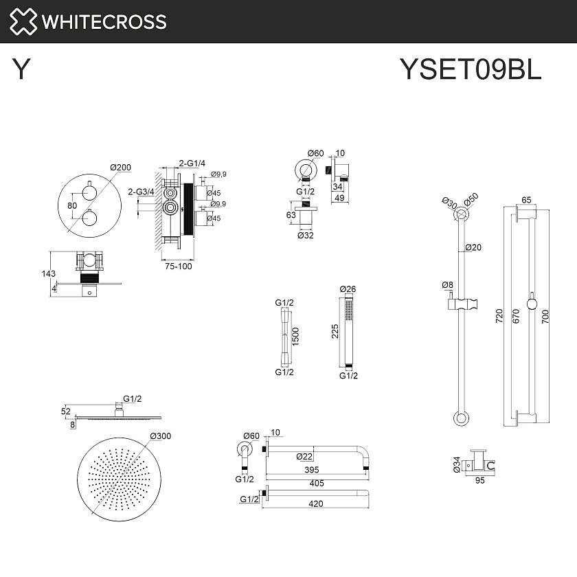 Душевая система встраиваемая WHITECROSS Y с термостатом, черный матовый, YSET09BL