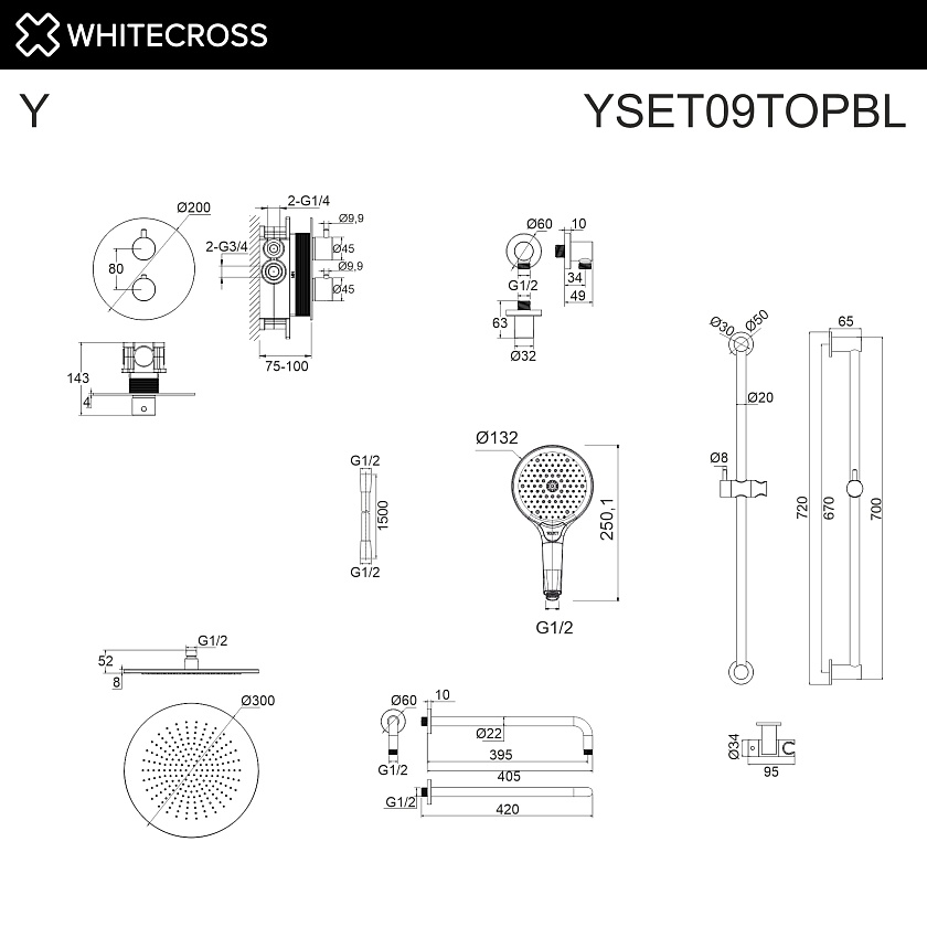 Душевая система встраиваемая WHITECROSS Y с термостатом, черный матовый, YSET09TOPBL