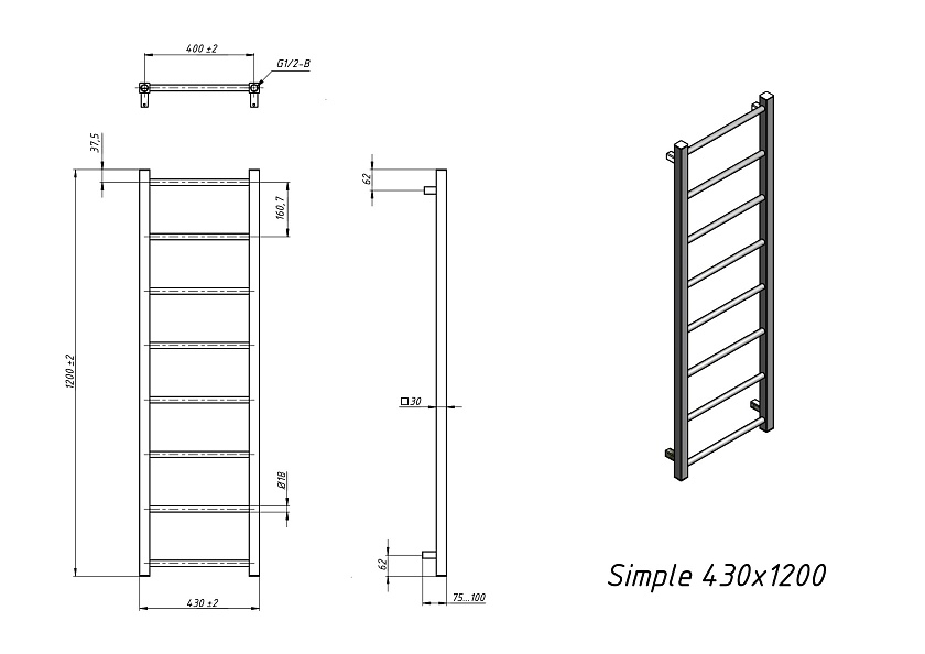 Полотенцесушитель водяной Grota Simple 430x1200 NM Хром матовый