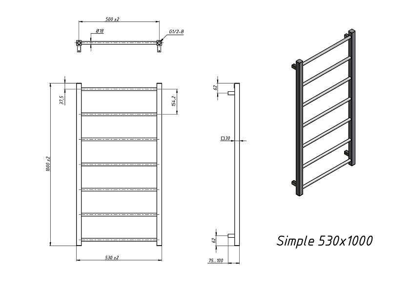 Полотенцесушитель водяной Grota Simple 530x1000 N RAL 9016 Белый