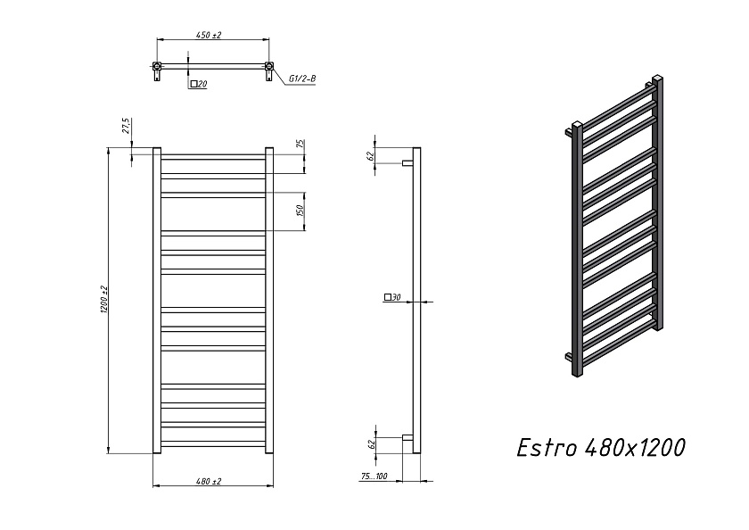 Полотенцесушитель водяной Grota Estro 480x1200 N RAL9016 Белый