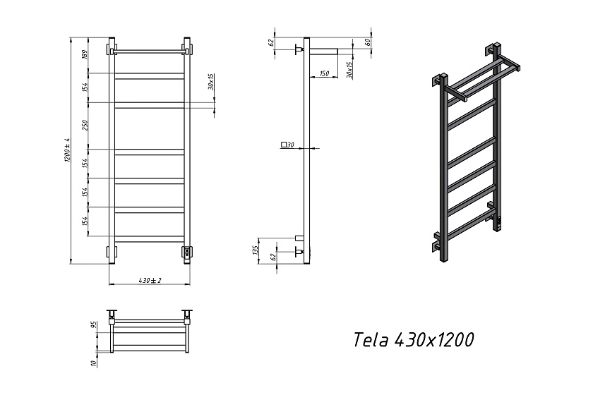 Полотенцесушитель электрический Grota Tela 430х1200 RAL9016 EL Белый
