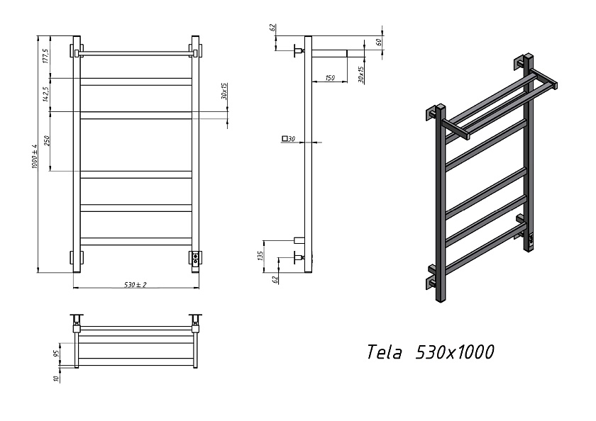 Полотенцесушитель электрический Grota Tela 530х1000 RAL9016 EL Белый