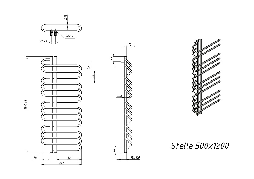 Полотенцесушитель водяной Grota Stelle L 500x1200 N RAL9016 Белый