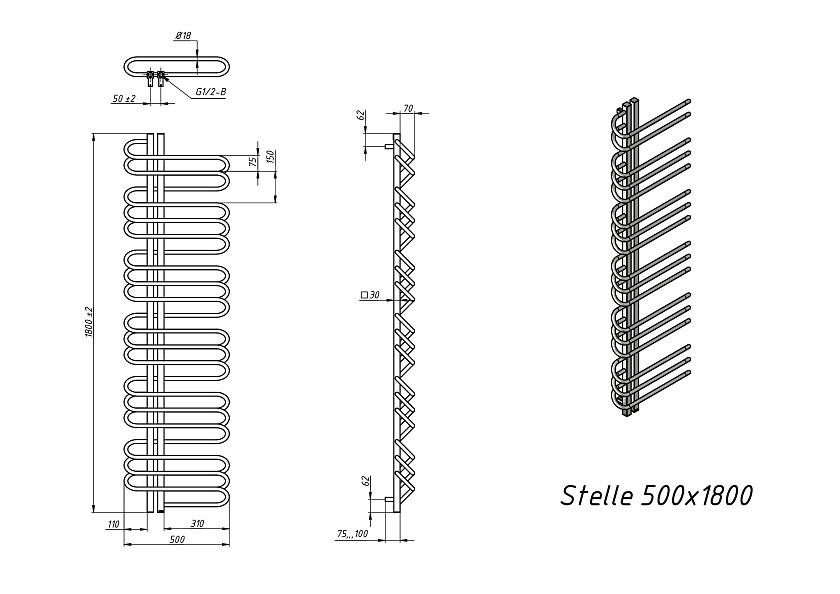 Полотенцесушитель водяной Grota Stelle L 500x1800 N RAL9016 Белый