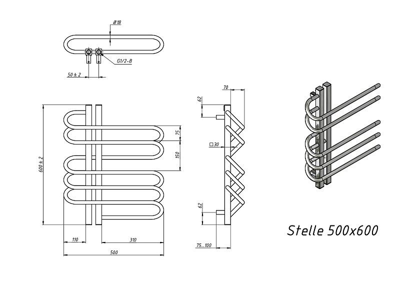 Полотенцесушитель водяной Grota Stelle L 500x600 N RAL9016 Белый