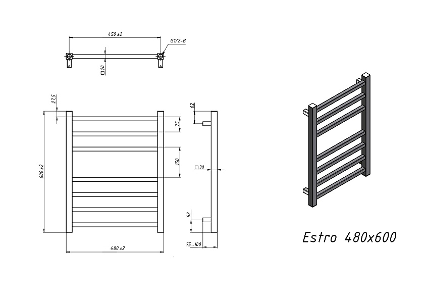Полотенцесушитель водяной Grota Estro 480x600 N RAL9016 Белый