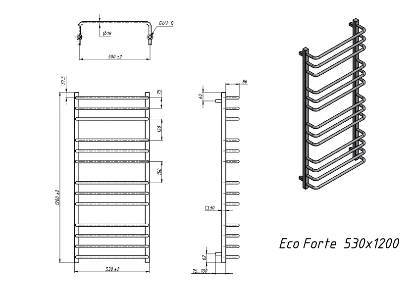 Полотенцесушитель электрический Grota EcoForte 530x1200 N RAL9016 EL Белый