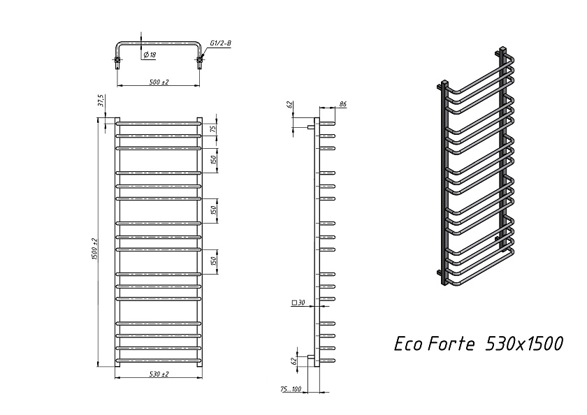 Полотенцесушитель электрический Grota EcoForte 530x1500 N RAL9016 EL Белый