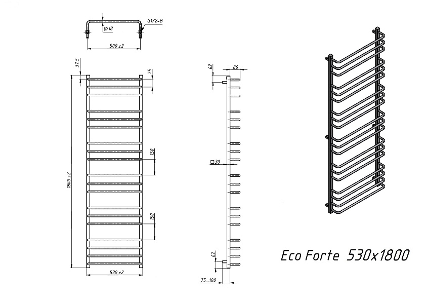 Полотенцесушитель электрический Grota EcoForte 530x1800 N RAL9016 EL Белый