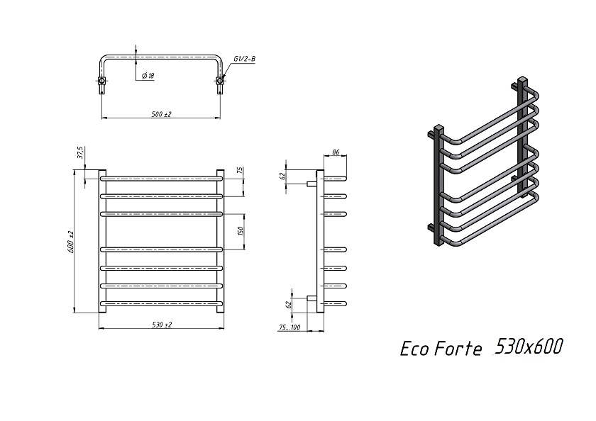 Полотенцесушитель электрический Grota EcoForte 530x600 N RAL9016 EL Белый
