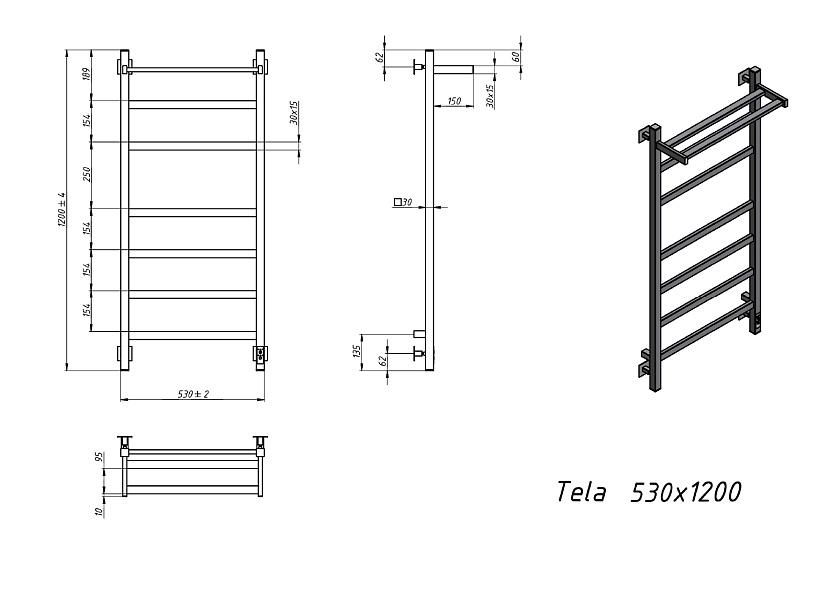 Полотенцесушитель электрический Grota Tela 530х1200 RAL9016 EL Белый